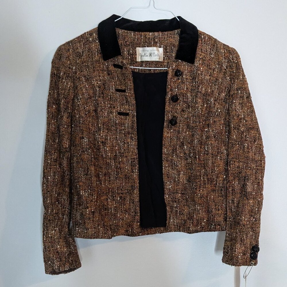 vintage 50s 60s justin mccarty tweed blazer velvet collar brown black tailored
